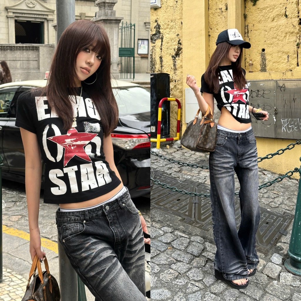 Áo baby tee màu đen chữ STAR ngôi sao đỏ dáng fit phong cách cá tính ABBT066 - Tiktik