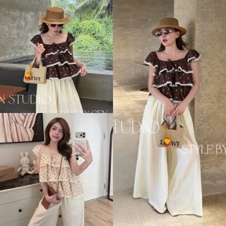 Set Bộ Đồ Nữ Áo Chấm Bi Cánh Tiên Bèo Tầng Phối Viền Ren Mix Quần Đũi Suông Dài Ống Rộng