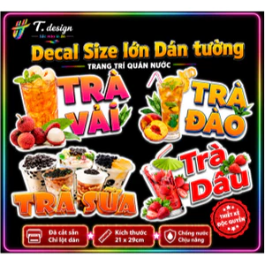 Decal trang trí quán nước hình ly-Trà sữa trà dâu, sinh tố, cà phê,rau má,trà sữa,Sticker,dán tường, tủ, kính,in theo yc