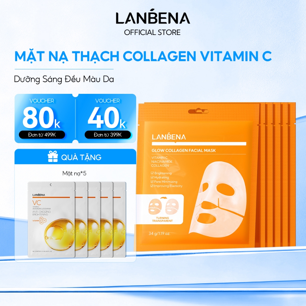 LANBENA 6PCS Mặt Nạ Collagen Vitamin C Mặt Nạ Thạch (34G) - Dưỡng Sáng, Thu Nhỏ Lỗ Chân Lông, Dịu Da,Giảm Nếp Nhăn