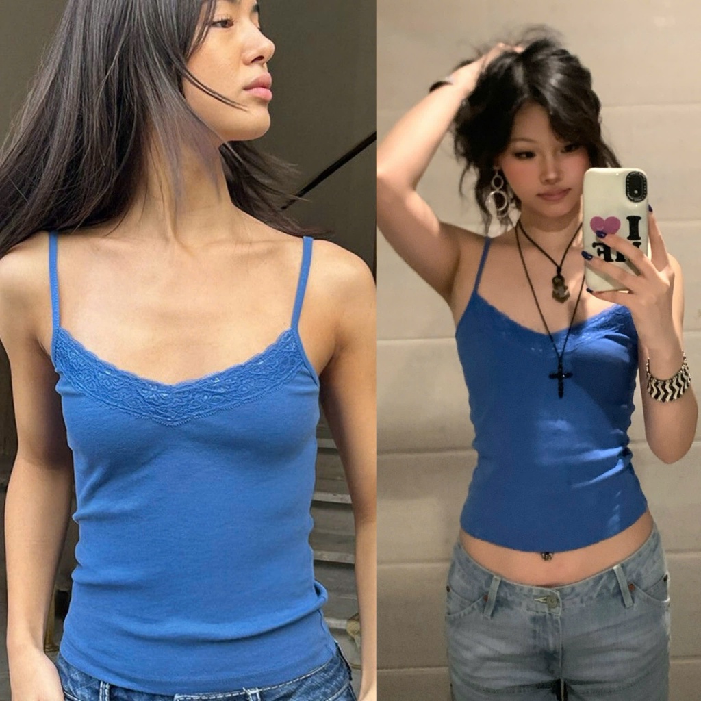 (sẵn)Áo hai dây mảnh xanh coban viền ren dáng ôm cơ bản chất co giãn AHD020 - Tiktik