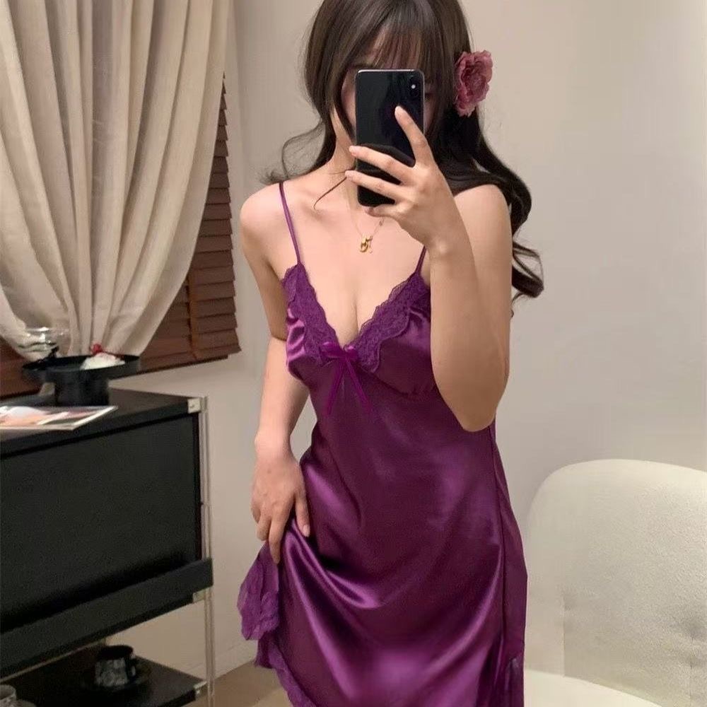 【dynamar】Hàng Có Sẵn-Áo ngủ ren xẻ tà, áo ngủ gợi cảm, bộ đồ ngủ mỏng kèm quần lót Áo ngủ cổ chữ V có dây đeo
