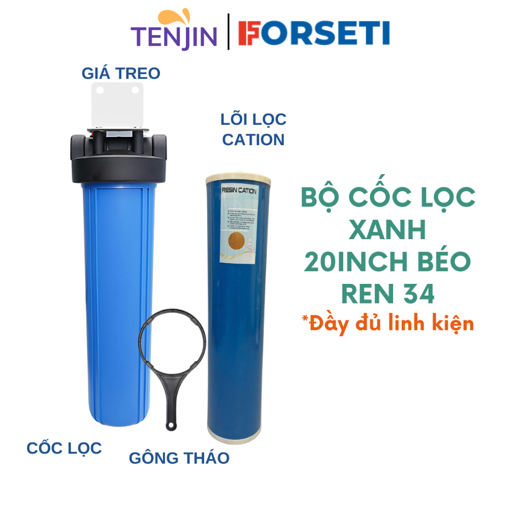 Bộ Cốc Lọc Đầu Nguồn BÉO 20 inch Kèm Lõi Cation - Giúp Hấp Thụ Canxi Trong Nước,Cốc Hàng Loại 1 Dày Dặn- Tặng Kèm Gông