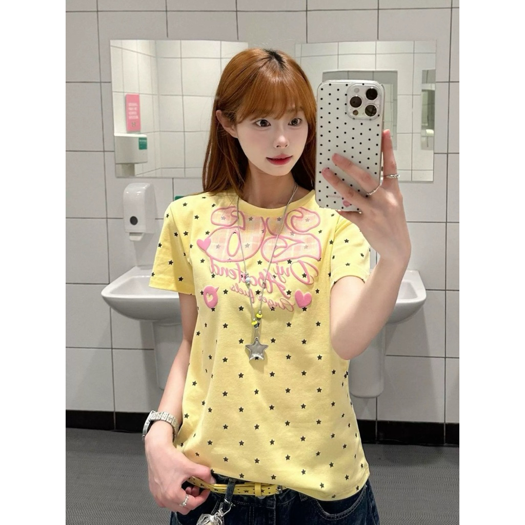 (sẵn) Áo baby tee màu hồng chữ xanh CANDIES hoạ tiết ngôi sao trắng chữ cotton ABBT061 - Tiktik