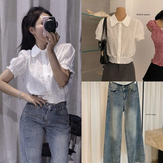 𝐏𝐡𝐢𝐞𝐧 𝐖𝐆𝐖𝐄 | (Sẵn) w9187 Áo Sơ Mi Thêu Chỉ Trắng Hình Hoa Nhỏ Cổ Bẻ Cộc Tay