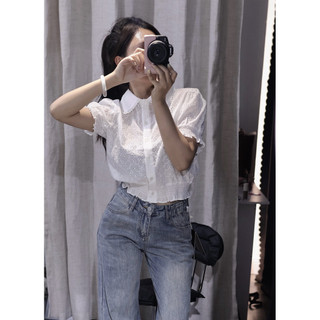 𝐏𝐡𝐢𝐞𝐧 𝐖𝐆𝐖𝐄 | (Sẵn) w9187 Áo Sơ Mi Thêu Chỉ Trắng Hình Hoa Nhỏ Cổ Bẻ Cộc Tay