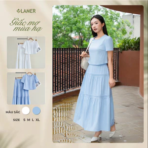 Áo Kiểu Nữ LAMER FASHION Croptop Thêu Ngực Phối Chân Váy Xòe Nhún Tầng 2 Lớp Mí Xếp O61B26H021 O62L26H004