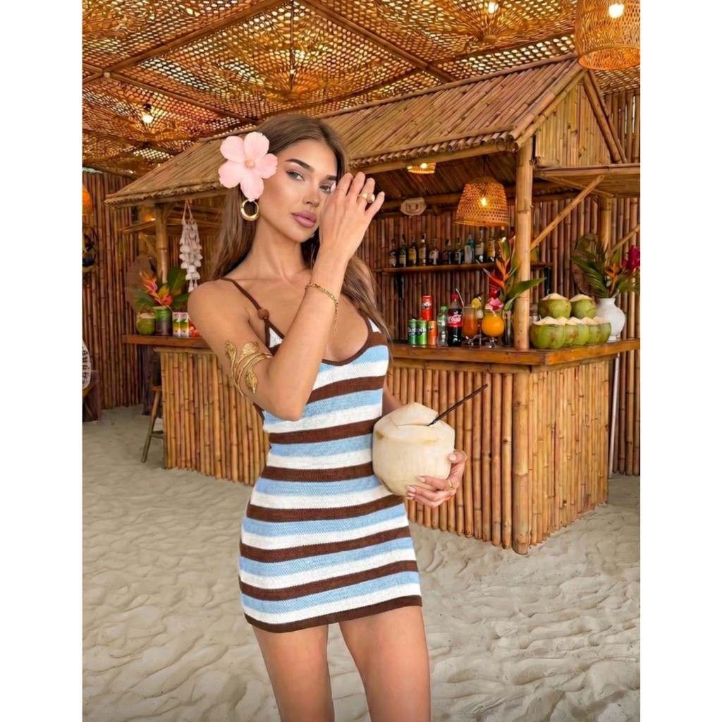 Đầm ngắn body dệt kim hở lưng cột dây kẻ sọc phong cách Bohemian (Hàng Order)