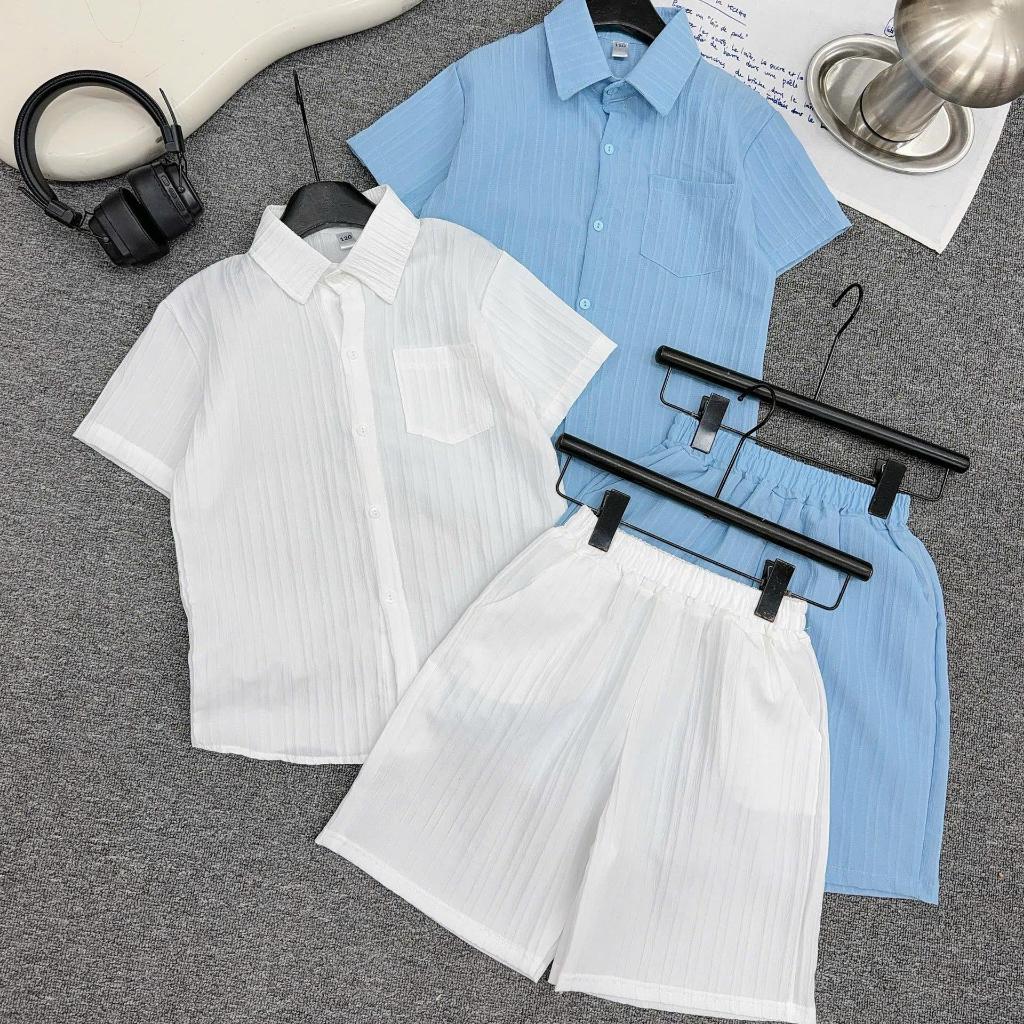 Bộ Sơ Mi ĐŨI GÂN Hàn cho bé trai từ 17-60kg, chất liệu đũi Hàn mềm mát, thoải mái phù hợp cho bé đi học, đi du lịch