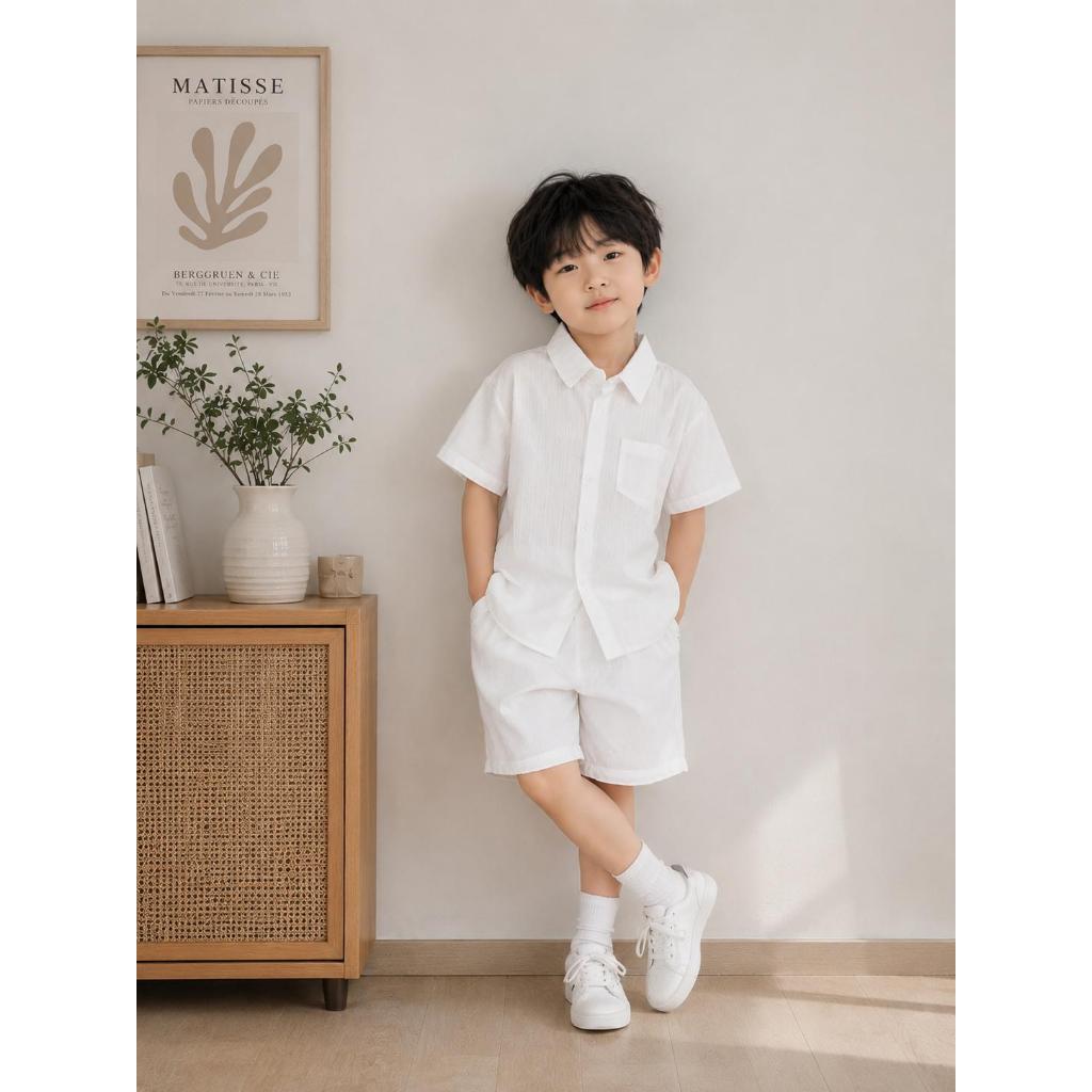 Bộ Sơ Mi ĐŨI GÂN Hàn cho bé trai từ 17-60kg, chất liệu đũi Hàn mềm mát, thoải mái phù hợp cho bé đi học, đi du lịch