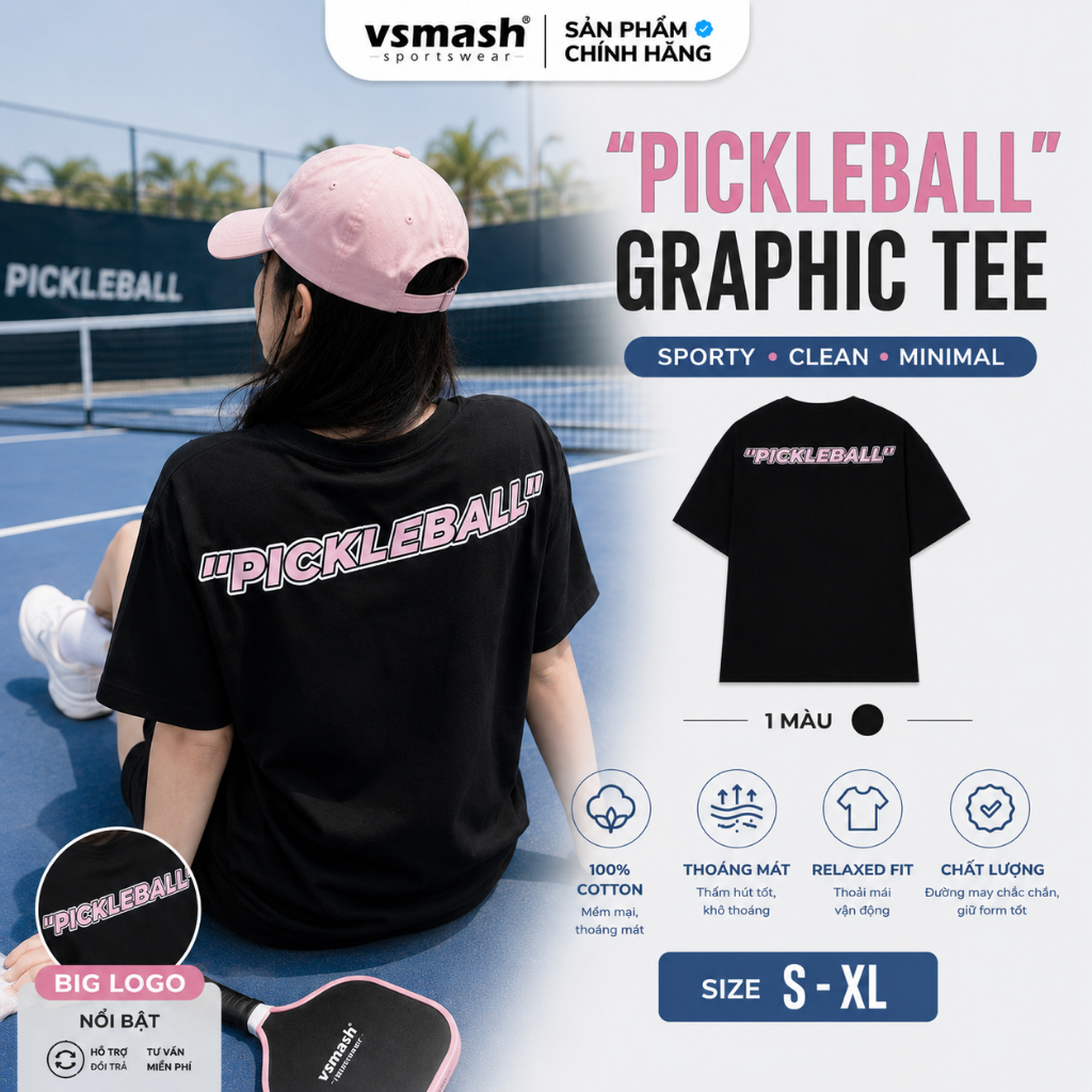 Áo Thun Pickleball Unisex Vsmash Sportwear – In lụa chữ Pickleball - Vải Bông Em Bé Mềm Mịn, Thoáng Mát, Thấm Hút Mồ Hôi
