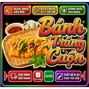 Decal BÁNH TRÁNG CUỘN trang trí quán nước, dán tường, tủ kiếng chống nước, đã cắt bế sẵn khổ A4