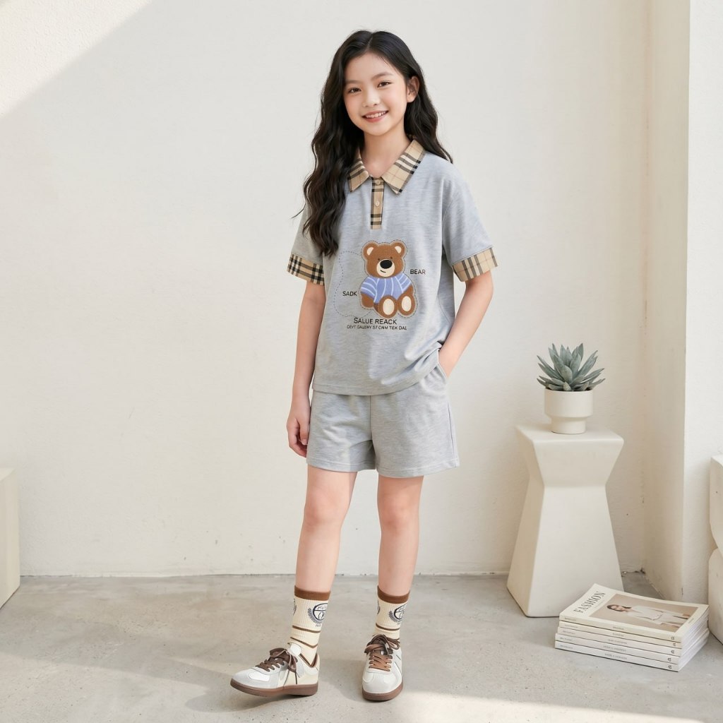 Áo polo cổ caro, Quần sooc cotton cho bé gái size đại BEESHOP H26070A, H26070Q