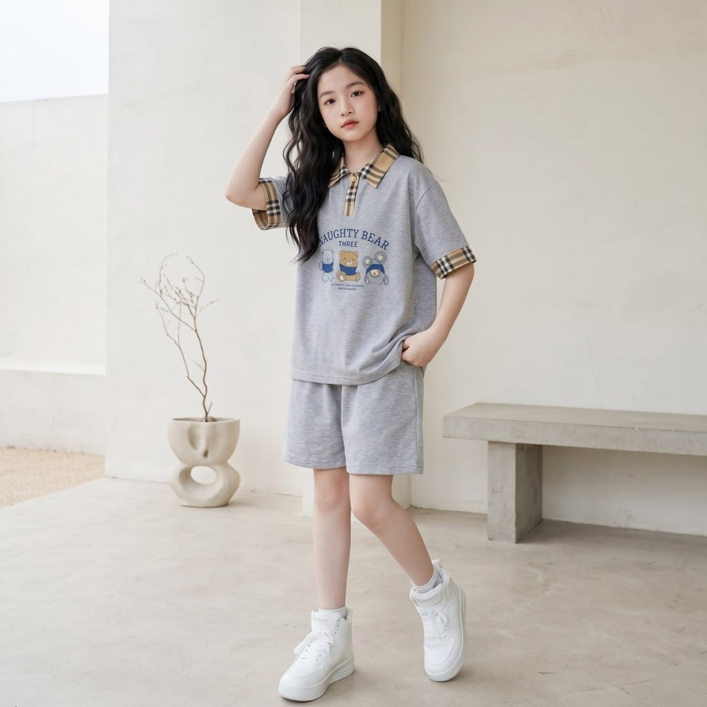 Áo polo cổ caro, Quần sooc cotton cho bé gái size đại BEESHOP H26070A, H26070Q