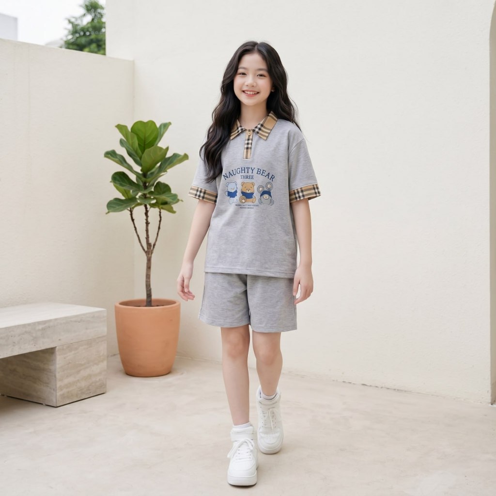 Áo polo cổ caro, Quần sooc cotton cho bé gái size đại BEESHOP H26070A, H26070Q