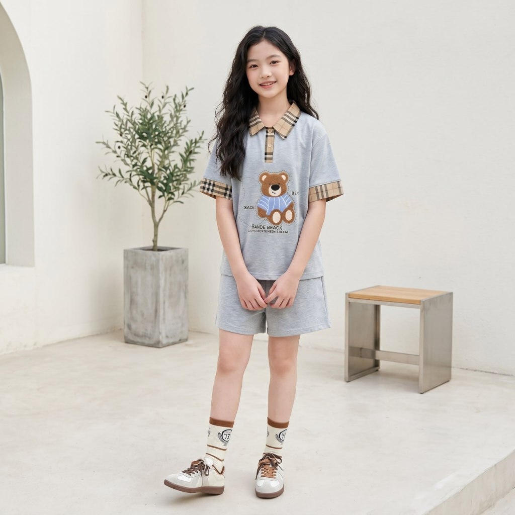 Áo polo cổ caro, Quần sooc cotton cho bé gái size đại BEESHOP H26070A, H26070Q