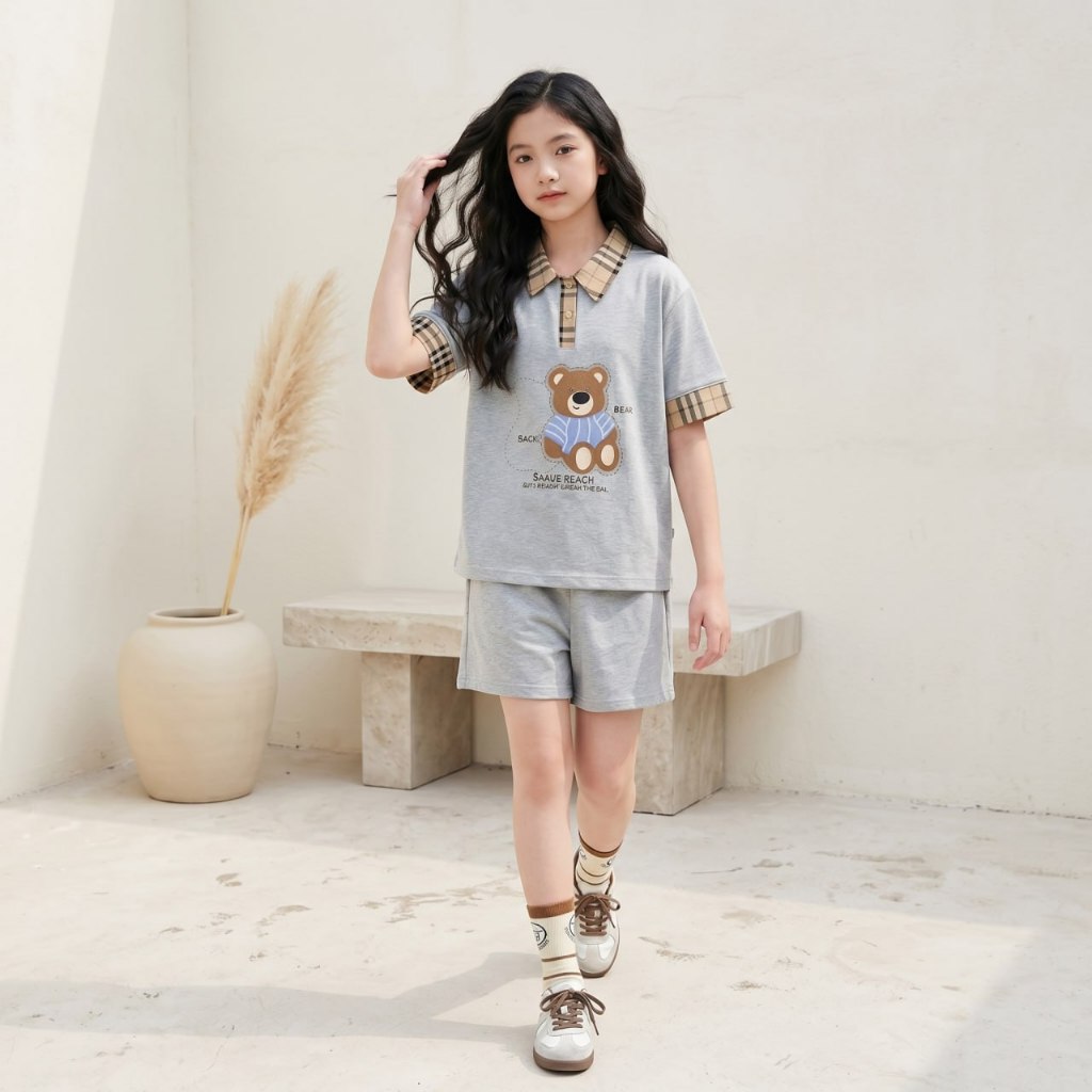 Áo polo cổ caro, Quần sooc cotton cho bé gái size đại BEESHOP H26070A, H26070Q