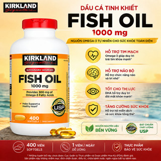[CHÍNH HÃNG] Viên uống dầu cá Hỗ trợ da căng bóng, tăng ẩm, giảm viêm Kirkland Signature Fish Oil 1000mg - Hộp 400 viên