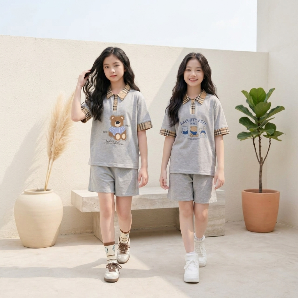 Áo polo cổ caro, Quần sooc cotton cho bé gái size đại BEESHOP H26070A, H26070Q