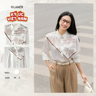 Áo Kiểu Nữ Sơ Mi Lụa Công Sở LAMER FASHION Dài Tay Cổ Đức Phủ Khăn Liền In Họa Tiết Thiết Kế L61H26Q009
