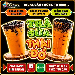 Decal trang trí quán nước xe đẩy hình TRÀ SỮA THÁI XANH,Sticker,dán tường, tủ, kính,in theo yc