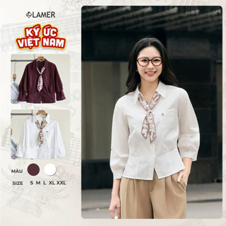 Áo Kiểu Nữ Sơ Mi Trắng Công Sở LAMER Phối Khăn Nhún Eo Dài Tay Cổ Đức Basic O61H26Q007