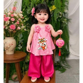 Áo Yếm Bé Gái Họa Tiết In Hình Lân Trung Thu, Áo 2 Dây Cho Bé Gái Mặc Tết Chất Áo Gấm Quần Lụa Mềm Mịn BB08 - BEEKIDS