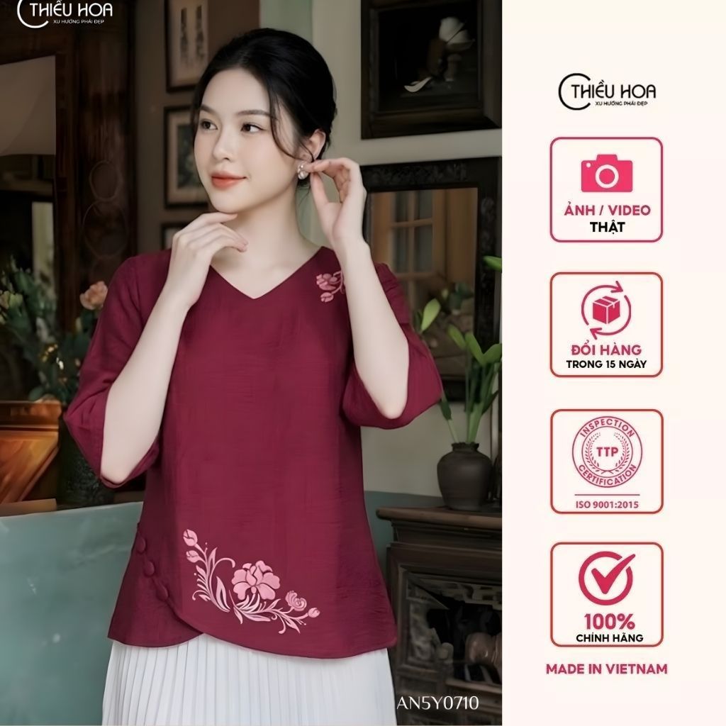 Áo kiểu trung niên chất liệu đũi vân mây form suông nhẹ nhàng thương hiệu Thiều Hoa AN5Y0710