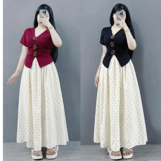 Set bigsize nữ chân váy chấm bi lưng chun dáng dài phối áo thun đính hoa tiểu thứ vintage Set A275+ CV422