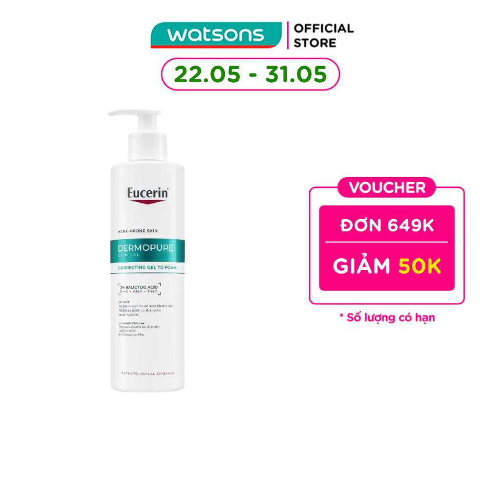 Gel Rửa Mặt Cho Da Mụn Eucerin Dermopure Clinical Correcting Gel To Foam 400ml