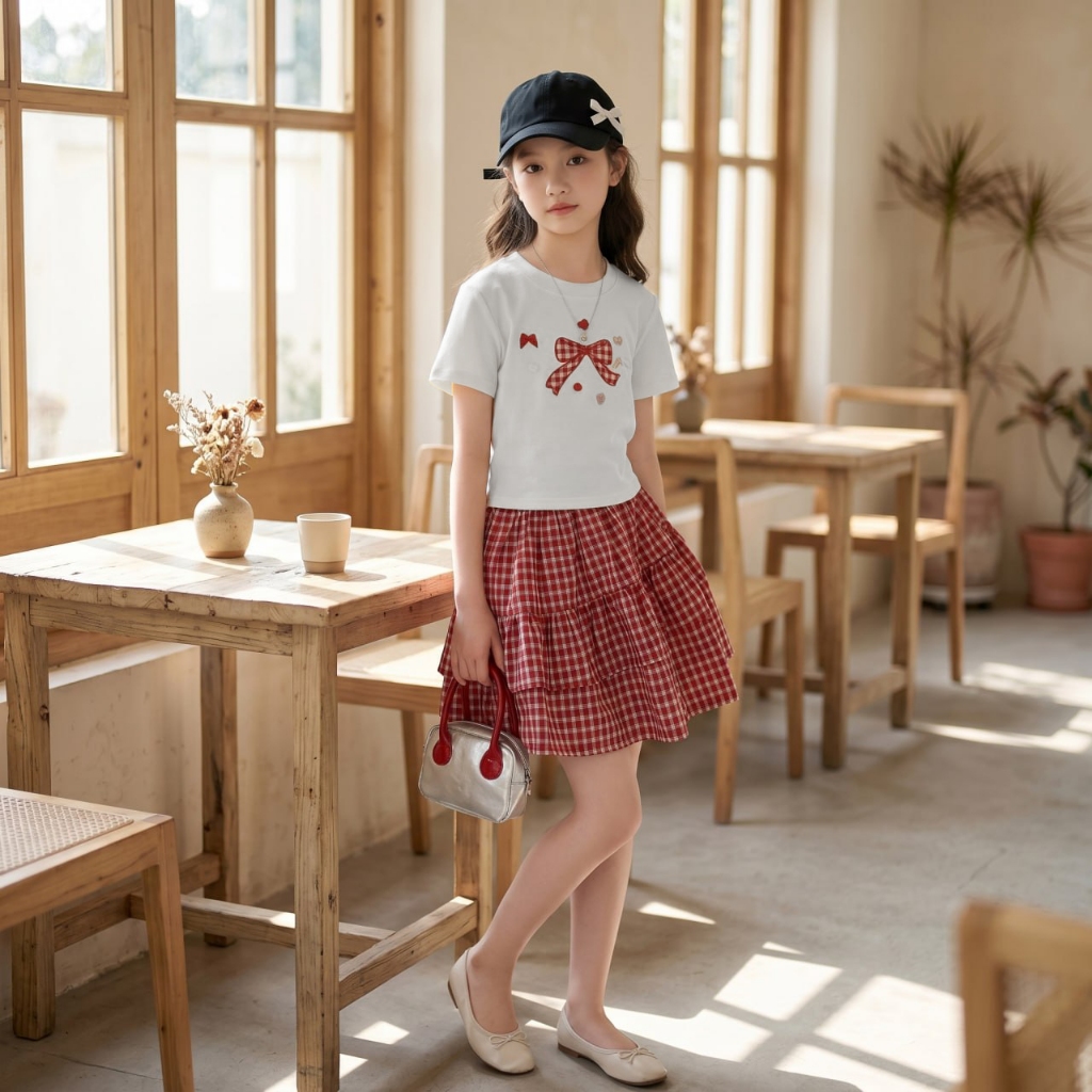 Set áo in nơ kèm chân váy caro đỏ cho bé gái size đại BEESHOP H26068