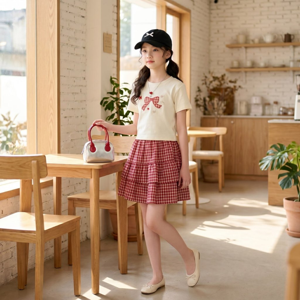 Set áo in nơ kèm chân váy caro đỏ cho bé gái size đại BEESHOP H26068