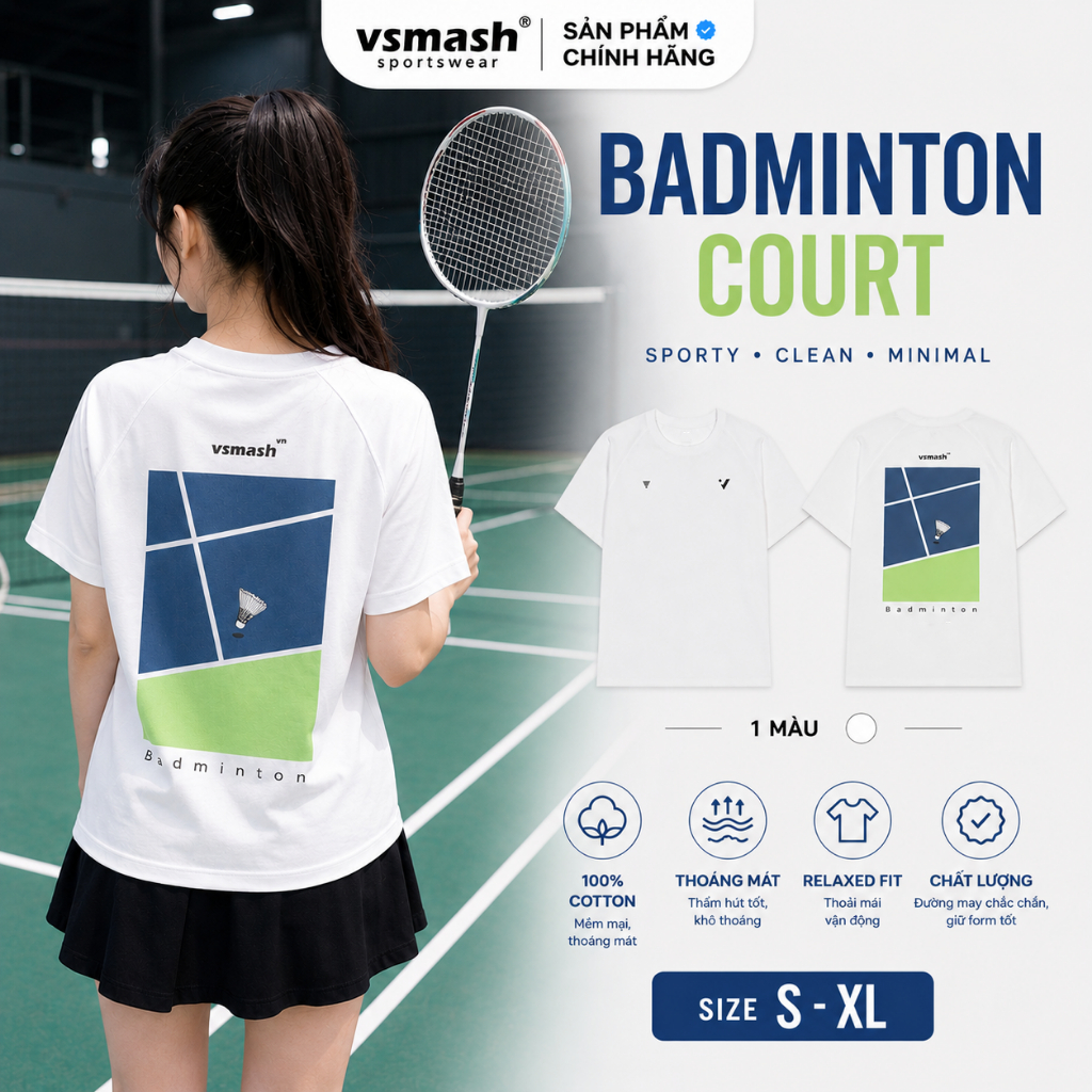 Áo Thun Cầu Lông Unisex Vsmash Sportwear – In lụa "Badminton Court" – Vải Bông Em Bé Mềm Mịn, Thoáng Mát,Thấm hút tốt