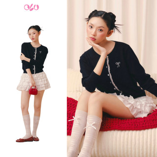 Áo OLV len cardigan nơ dễ thương Navy Knit Round Neck Top phù hợp mùa thu đông