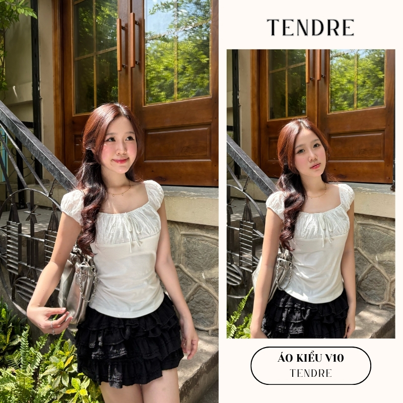 TENDRE-Deal mở bán Áo Kiểu Trễ Vai Vintage, Áo Tiểu Thư Nhẹ Nhàng Thêu Hoa Nổi Nàng Thơ Form Ôm Tôn Dáng V10