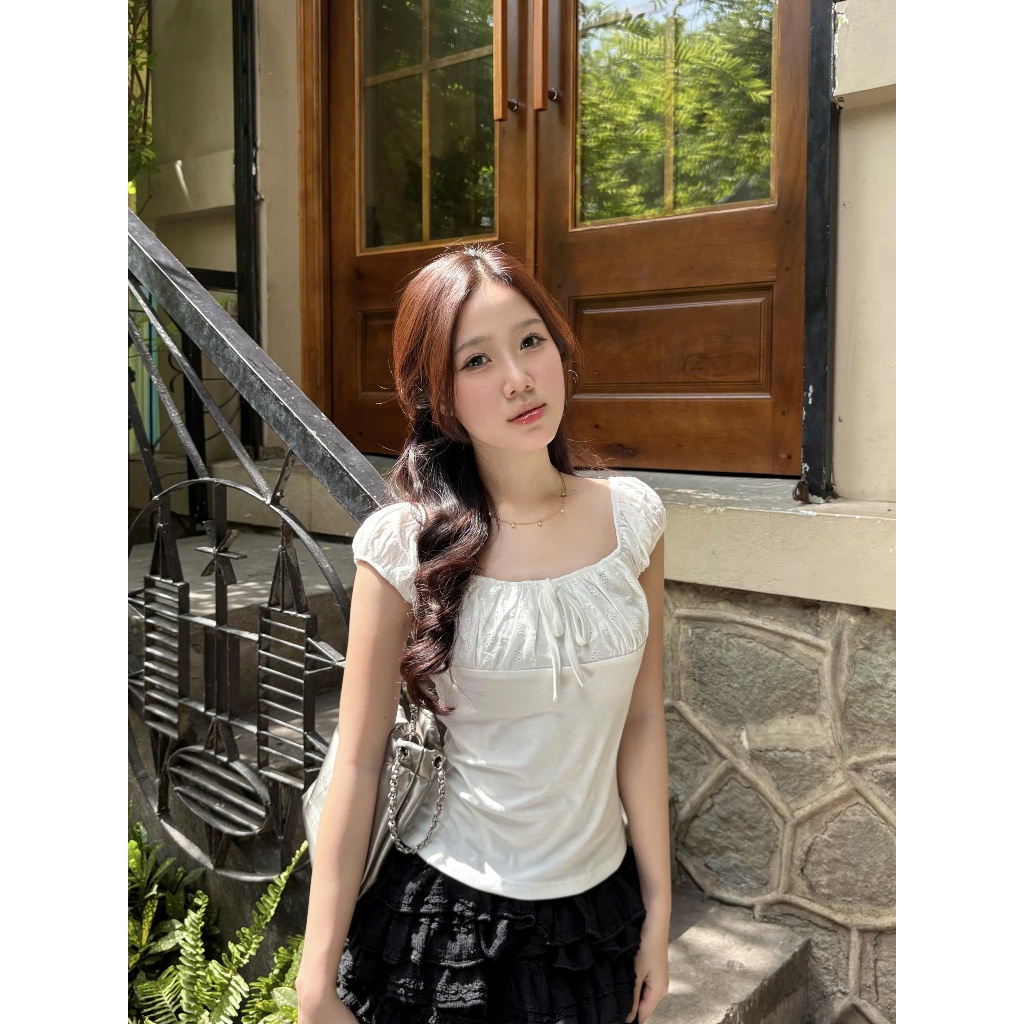 TENDRE-Deal mở bán Áo Kiểu Trễ Vai Vintage, Áo Tiểu Thư Nhẹ Nhàng Thêu Hoa Nổi Nàng Thơ Form Ôm Tôn Dáng V10