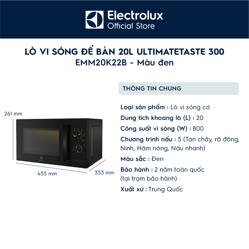 Lò vi sóng để bàn Electrolux UltimateTaste 300 20L - EMM20K22B - 5 mức công suất