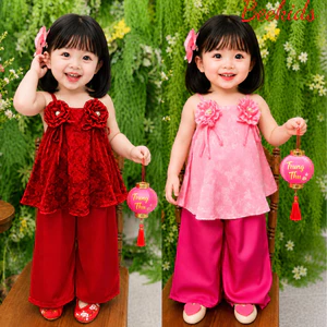Sét Yếm 2 Dây Cho Bé Gái Mặc Tết Đi Chơi Trung Thu , Bộ Yếm Cho Bé Gái In Hình Chất Gấm Đẹp BB07 BB08 - BEEKIDS