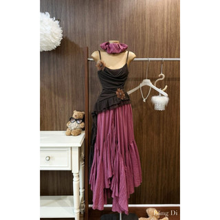 Set Áo 2 Dây Chiết Eo Mix Hoa Nâu Phối Chân Váy Hồng Dài Xoè DoanThuong