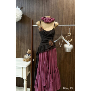 Set Áo 2 Dây Chiết Eo Mix Hoa Nâu Phối Chân Váy Hồng Dài Xoè DoanThuong