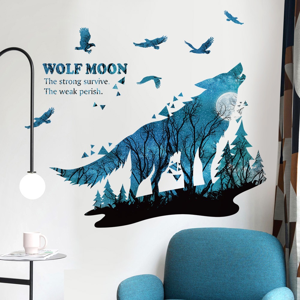 Decal Dán Tường Trăng Sói Thiên Nhiên Hoang Dã Có Keo Sẵn 100x90cm - Trang Trí Nhà Cửa