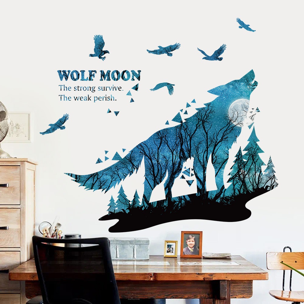 Decal Dán Tường Trăng Sói Thiên Nhiên Hoang Dã Có Keo Sẵn 100x90cm - Trang Trí Nhà Cửa
