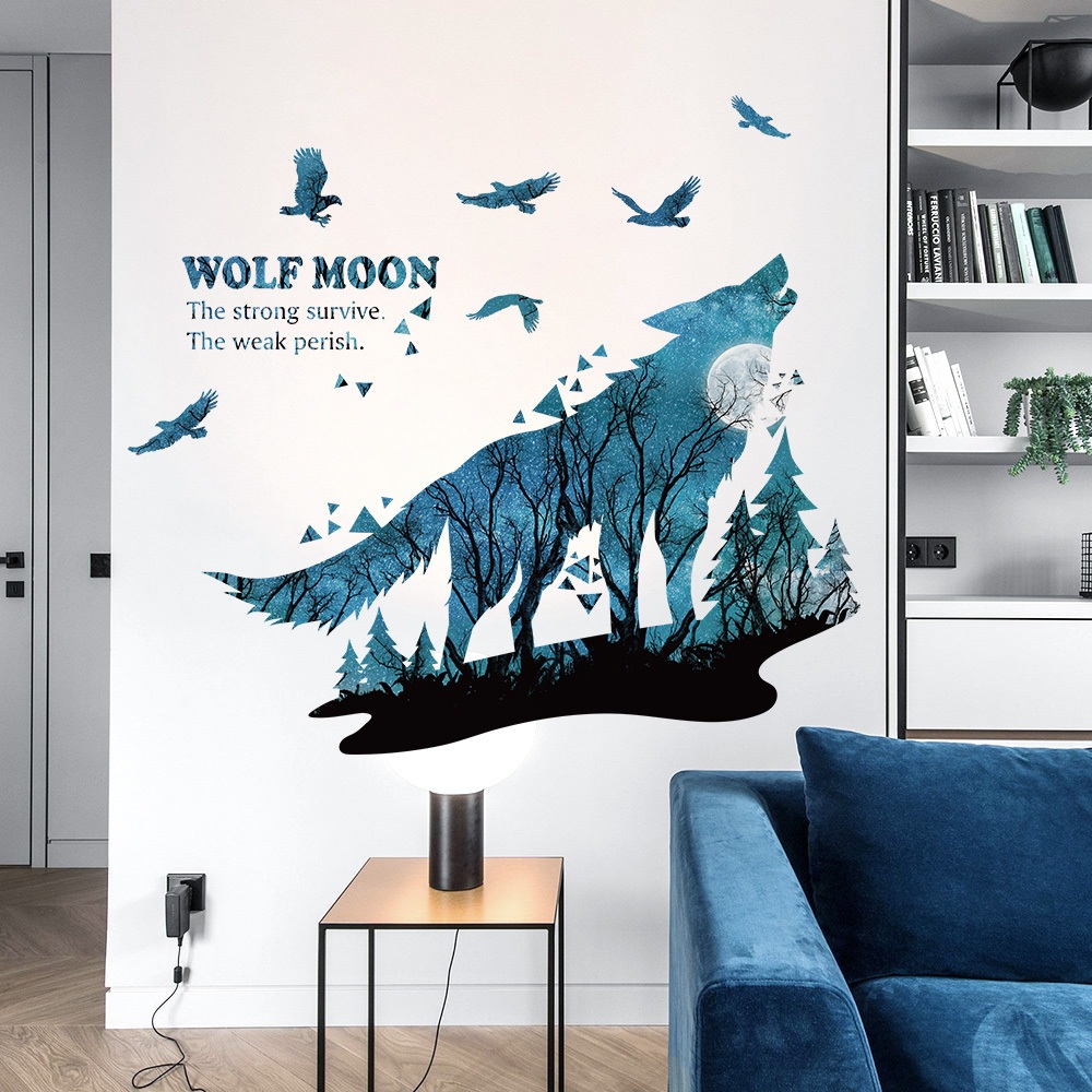 Decal Dán Tường Trăng Sói Thiên Nhiên Hoang Dã Có Keo Sẵn 100x90cm - Trang Trí Nhà Cửa