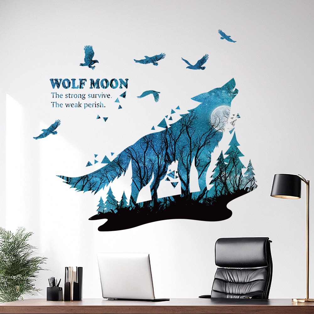 Decal Dán Tường Trăng Sói Thiên Nhiên Hoang Dã Có Keo Sẵn 100x90cm - Trang Trí Nhà Cửa