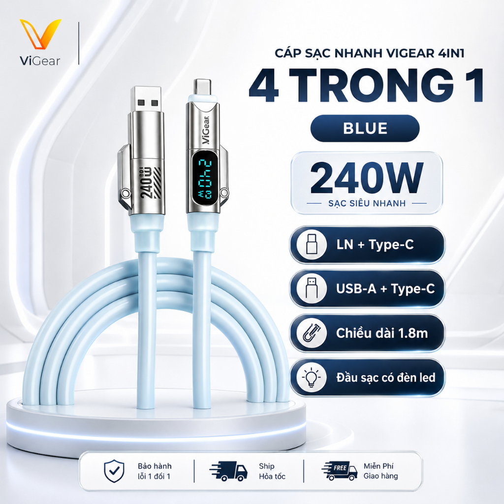 Cáp Sạc Nhanh VIGEAR VG18 4in1 Công Suất 240W Chiều Dài 1.8m – Màn Hình LED Hiển Thị Công Suất – Dây Sạc Đa Năng CS10