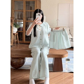Set Pyjamas 3 chi tiết BY CHANN (BN16) gồm áo cộc quần dài và quần ngắn, chất liệu đũi mềm có bigsize 80kg
