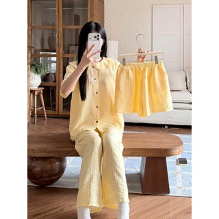Set Pyjamas 3 chi tiết BY CHANN (BN16) gồm áo cộc quần dài và quần ngắn, chất liệu đũi mềm có bigsize 80kg