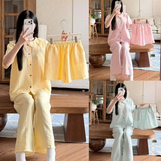 Set Pyjamas 3 chi tiết BY CHANN (BN16) gồm áo cộc quần dài và quần ngắn, chất liệu đũi mềm có bigsize 80kg