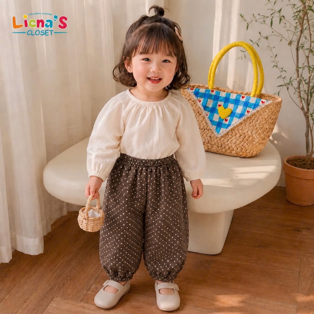 Quần Bom Bé Gái Chấm Bi Phong Cách Hàn Quốc, Quần Ống Bo Lưng Chun Mềm Mát Cho Bé Liena’s Closet