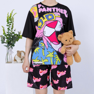 Set Bộ Đùi Báo Hồng full Đen Pink Panther cotton quần áo hoạt hình hoạ tiết Bộ mặc nhà Cartoon form rộng Unisex Freesize